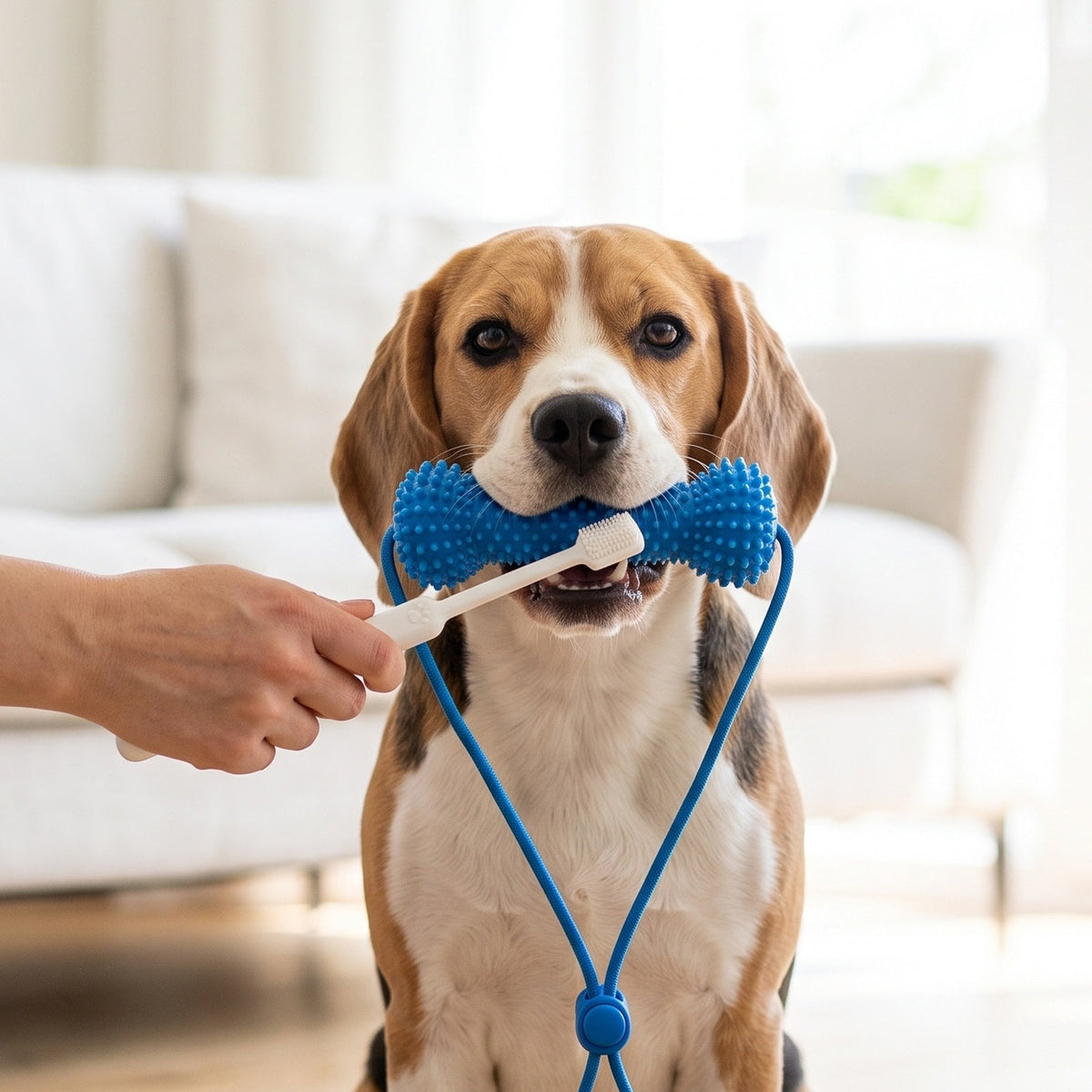Beagle holding a blue dental chew toy while an owner brushes its teeth with a dog toothbrush