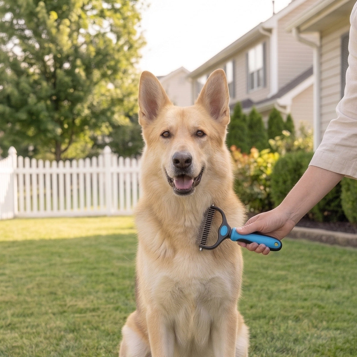 German Shepherd being brushed with a blue deshedding brush on a green lawn