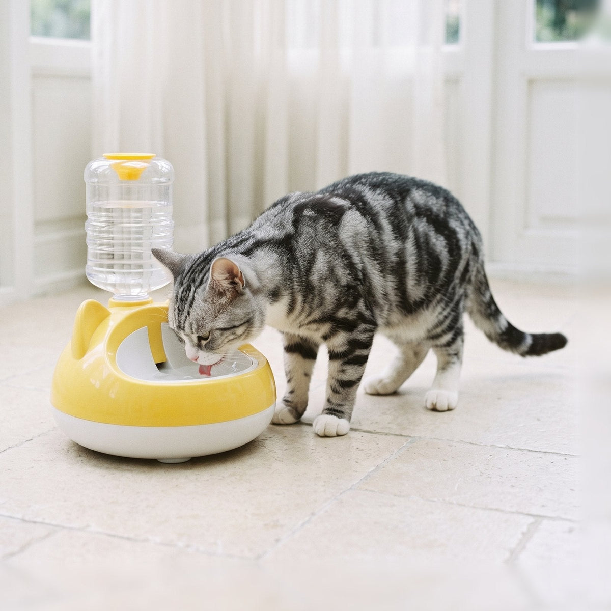 Silver tabby American Shorthair cat drinking from a yellow cat-ear automatic gravity water bowl with a clear water bottle in a bright sunroom