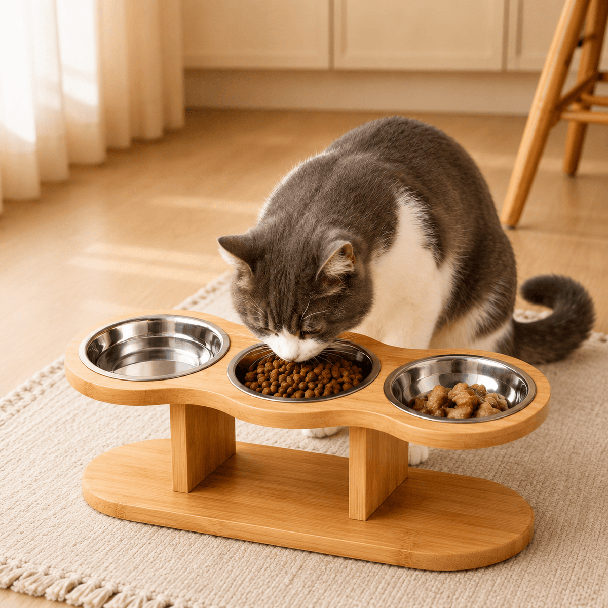 Elevated Bamboo Pet Feeder & 3-Bowl Feeding Station for Cats & Small Dogs