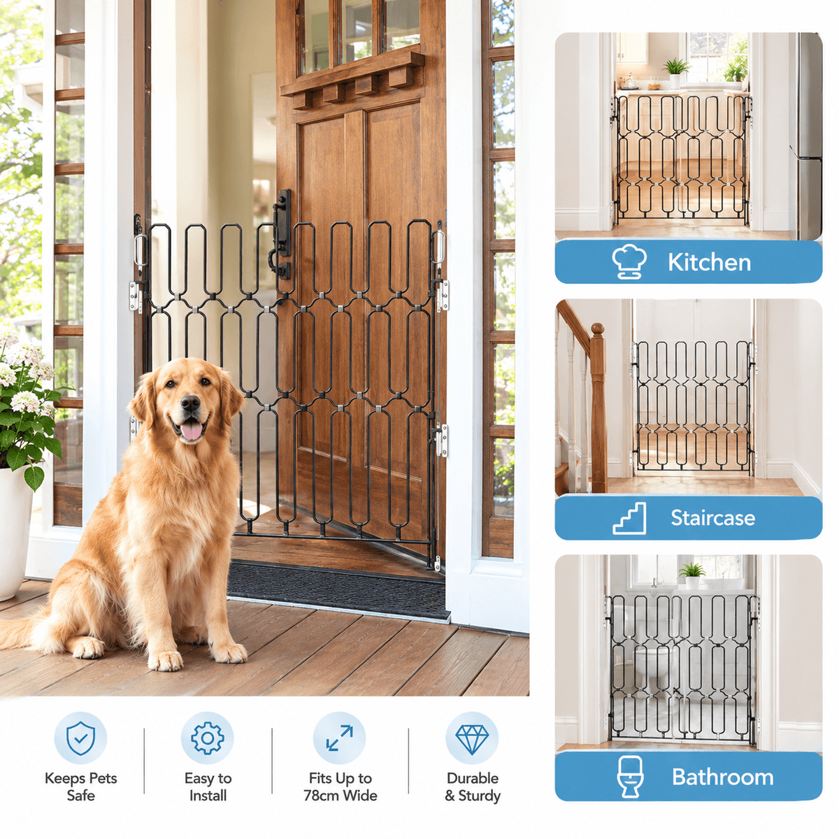 Retractable Dog Gate for Front Door & Tall Metal Pet Safety Barrier