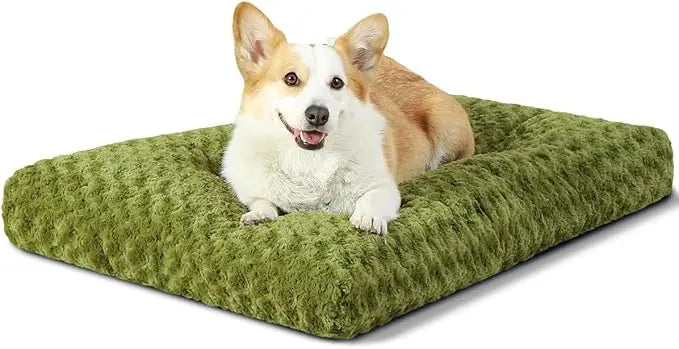 Black Noblias washable plush dog crate mat with anti-slip backing, 23-inch size, provides comfort and safety for dogs in crates.