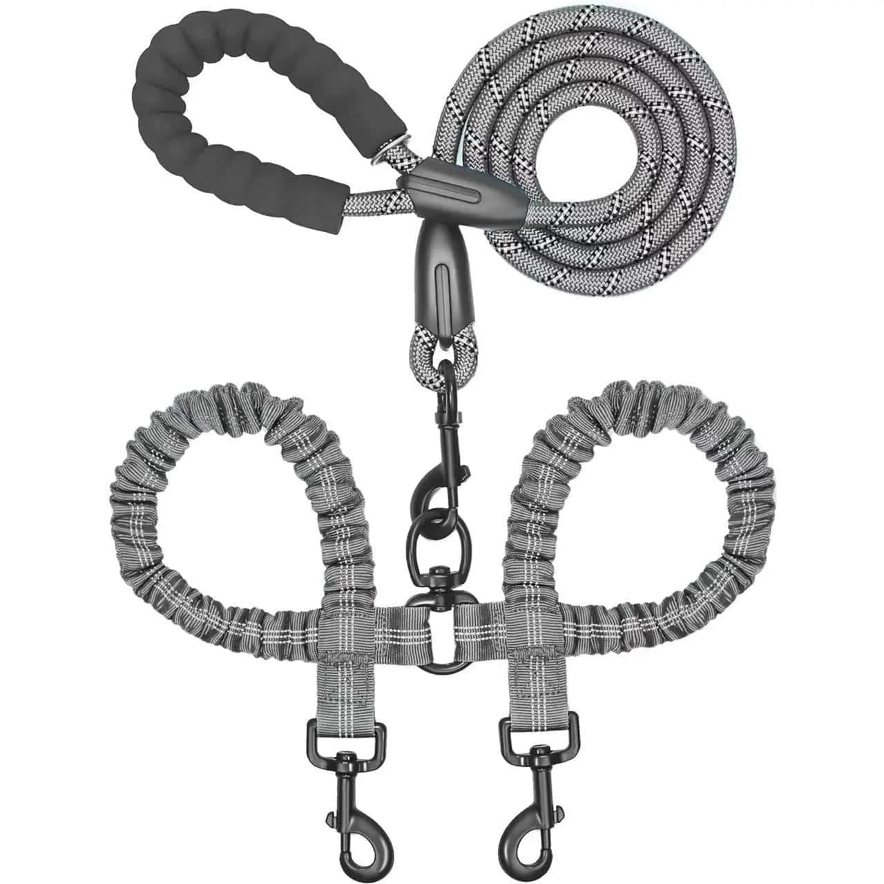 Black dual dog leash by Noblias with no-tangle 360° swivel and bungee design for walking two dogs comfortably.