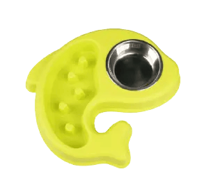 Noblias double pet bowl with fish design, stainless steel food and water dish for pets, featuring blue accents.