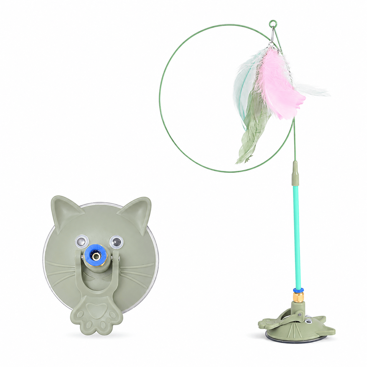 Blue Noblias interactive feather cat wand toy with suction cup for stimulating play and exercise for cats.