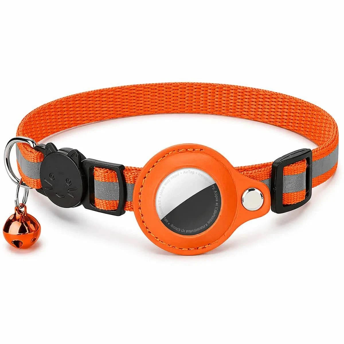 Black Noblias cat collar with secure AirTag holder, reflective strip, and breakaway safety feature for added pet security.