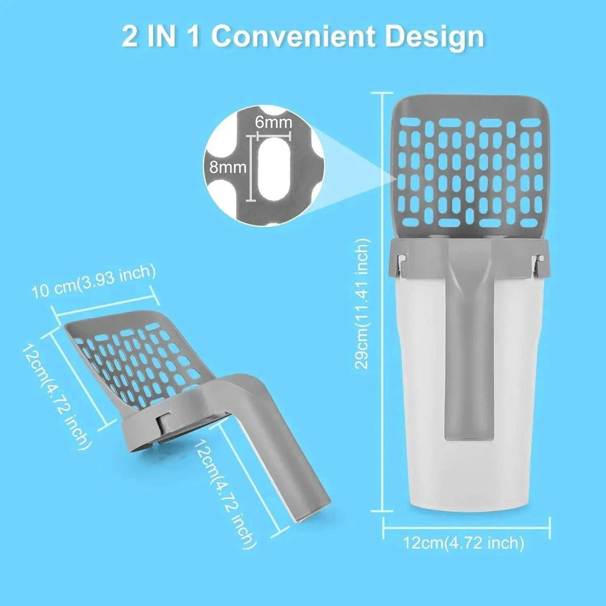 Dimension chart for the Noblias cat litter scooper: 29 cm assembled, 12 cm holder, 10 by 12 cm scoop head and 6 by 8 mm sifting slots.