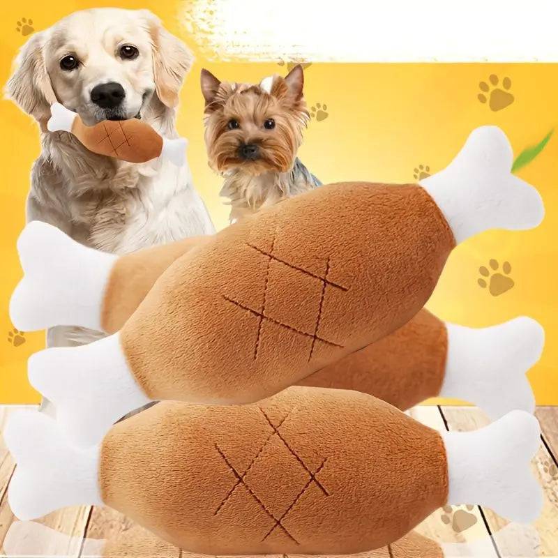 Noblias plush squeaky dog toy shaped like a chicken leg chew toy for pets, soft and cuddly for dogs to play and chew.