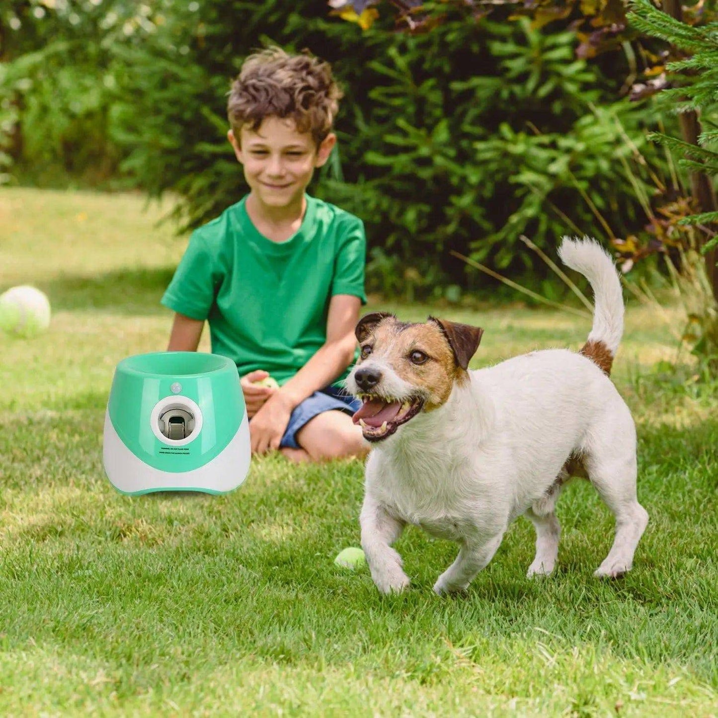 Noblias dog ball launcher automatic fetch machine with adjustable distance, showing the device and a ball ready for play.