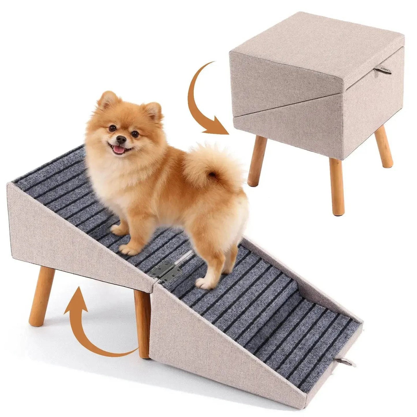 Noblias dog stairs ramp convertible ottoman for small and senior dogs, showing the multi-functional design and soft upholstery.