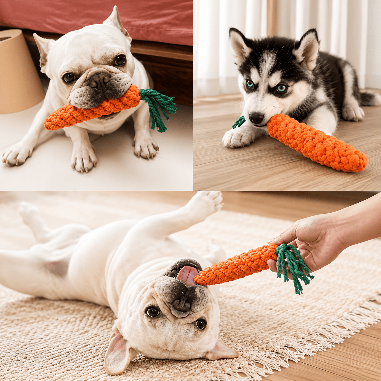 Interactive carrot-shaped dog toy with tassel, made of durable linen, perfect for tugging and chewing by dogs.