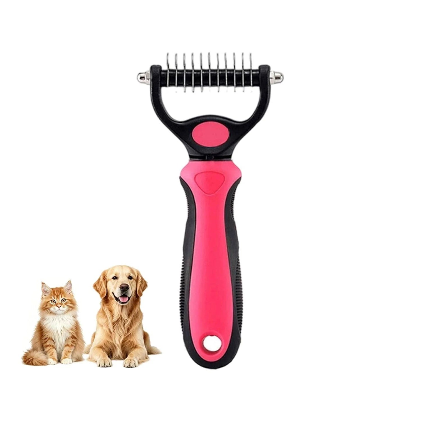 Blue Noblias dematting comb for dogs and cats, double-sided deshedding dog brush with ergonomic handle for grooming and dematting.