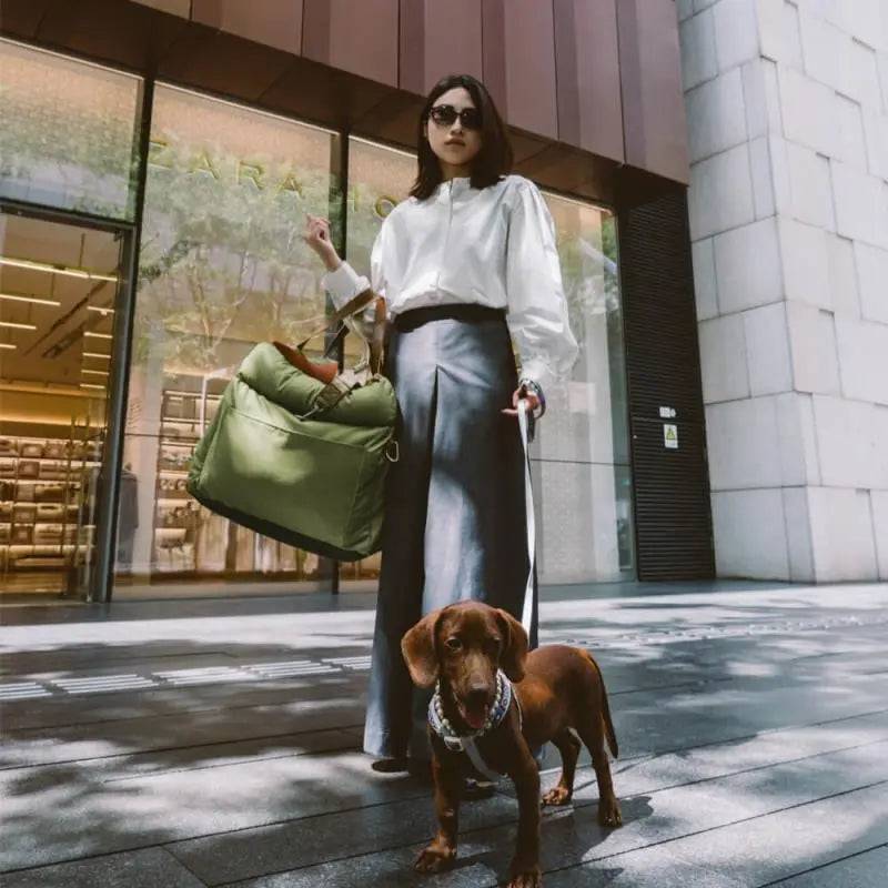 The Noblias dog car seat bed carried through a city street as a shoulder bag.