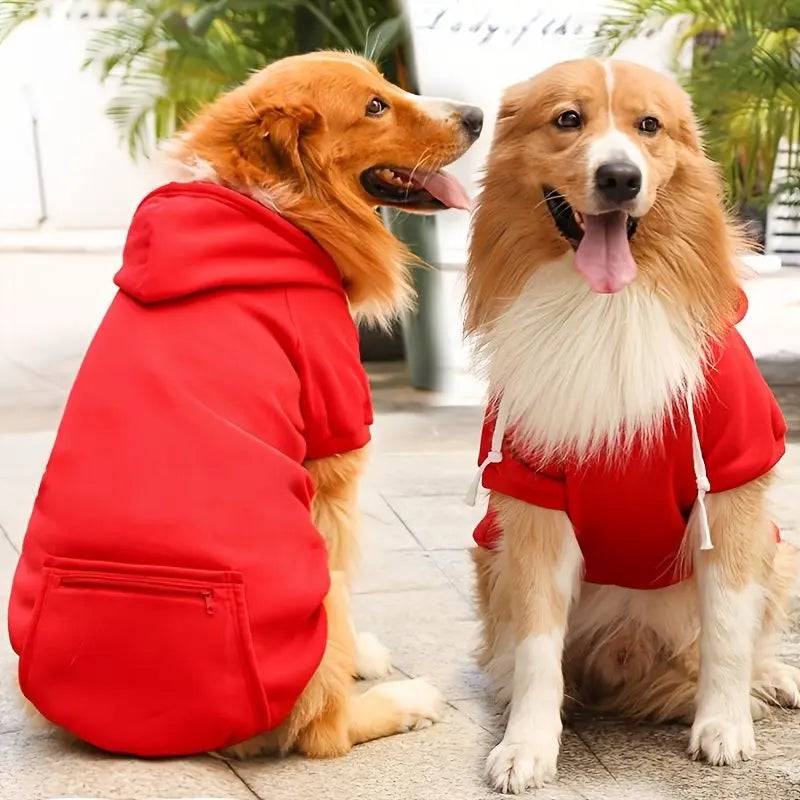 Two dogs side by side, one in the red fleece hoodie and one in the black, showing both color options