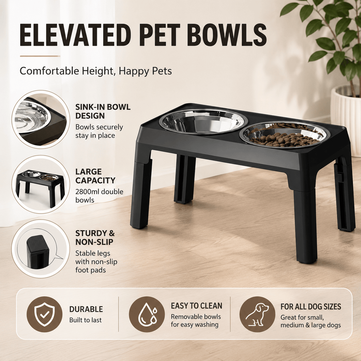 Overview of the Noblias elevated pet bowls showing the sink in bowl design, stable legs and removable stainless steel bowls.