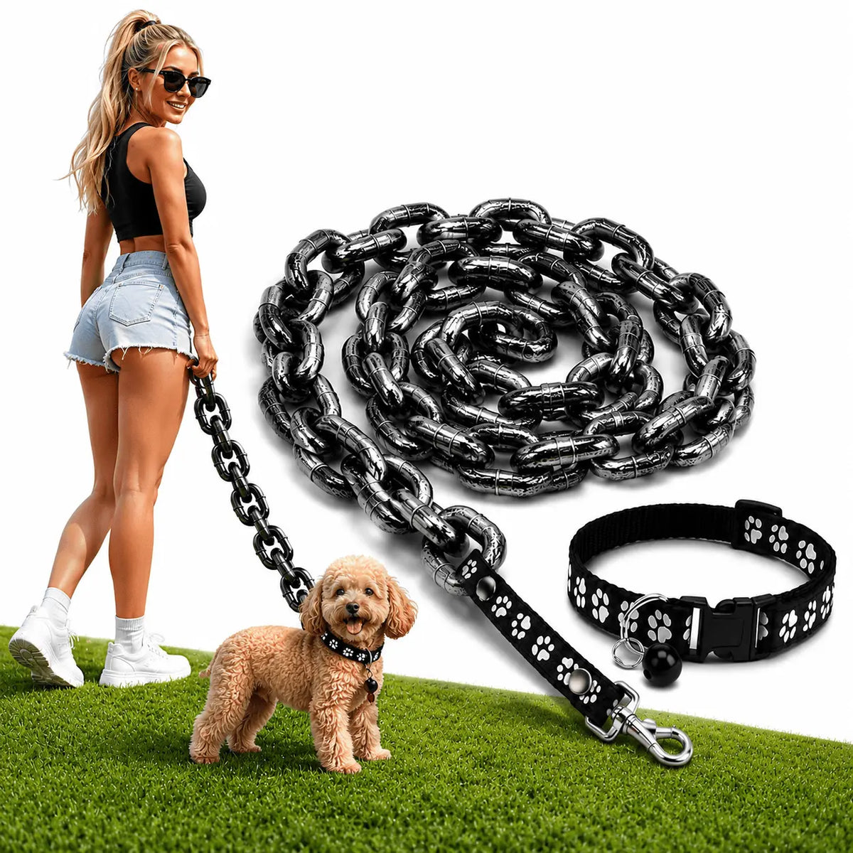 The fake iron chain dog leash coiled to show the oversized molded links and their cast iron texture