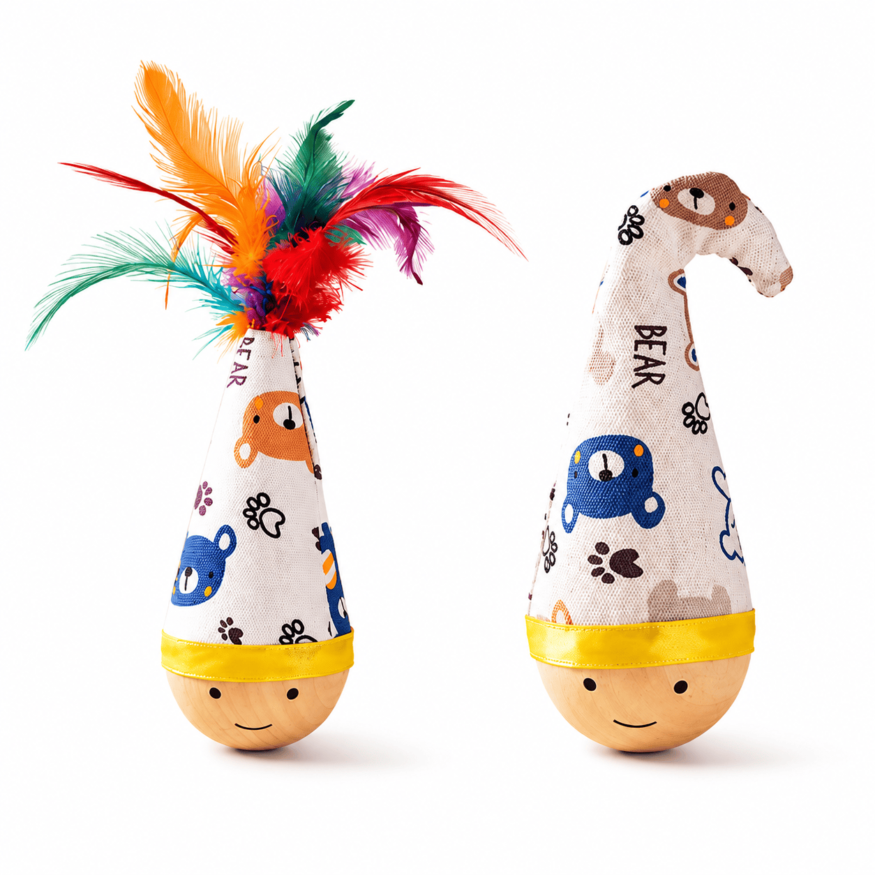 Interactive wooden wobble cat toy by Noblias with feathers, designed to entertain cats with gentle wobbling and feather movement.