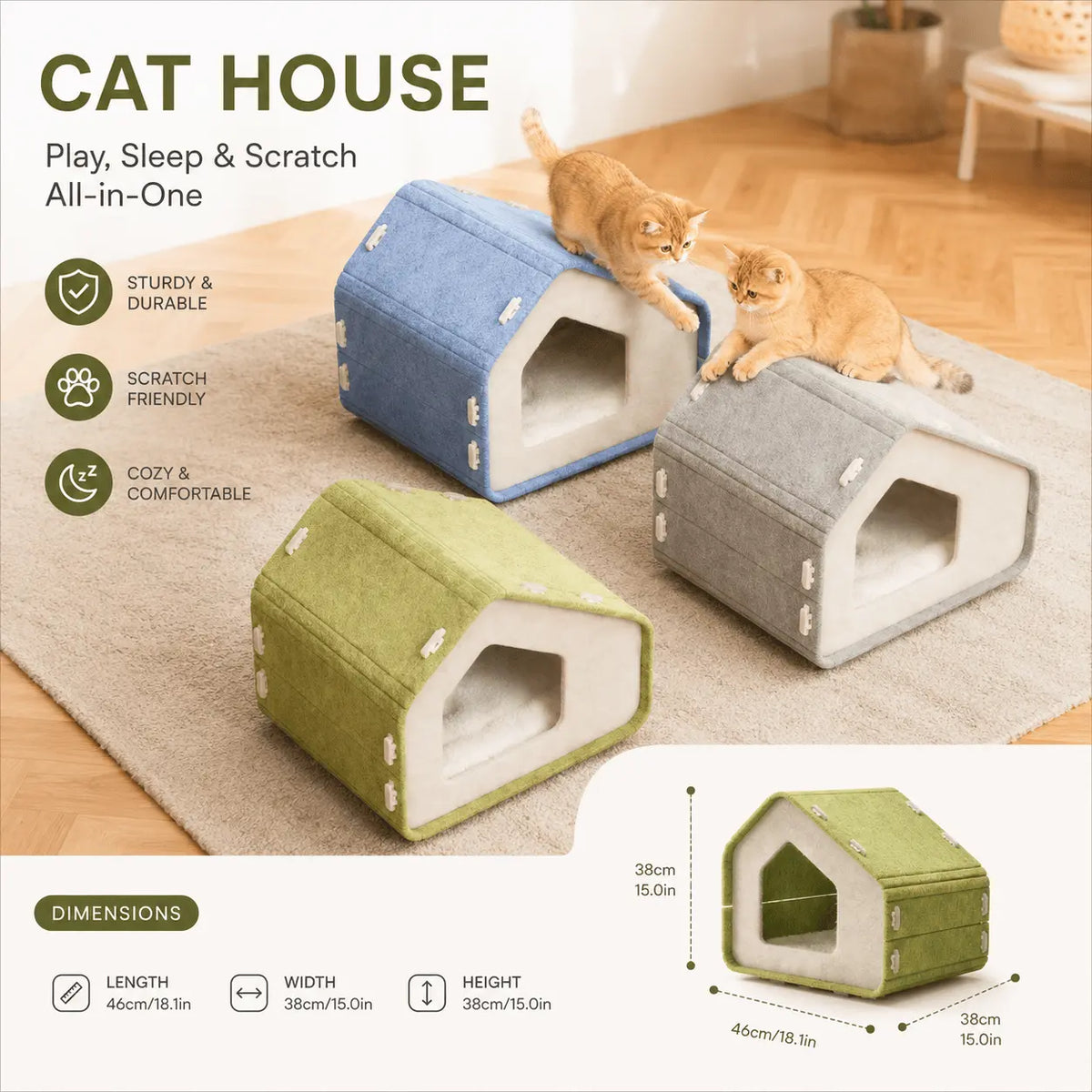 Green, blue and gray felt cat houses shown together with the length, width and height marked