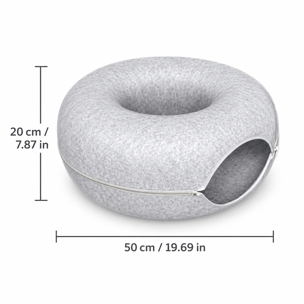Light gray felt donut cat tunnel bed measuring 50 cm across and 20 cm high.
