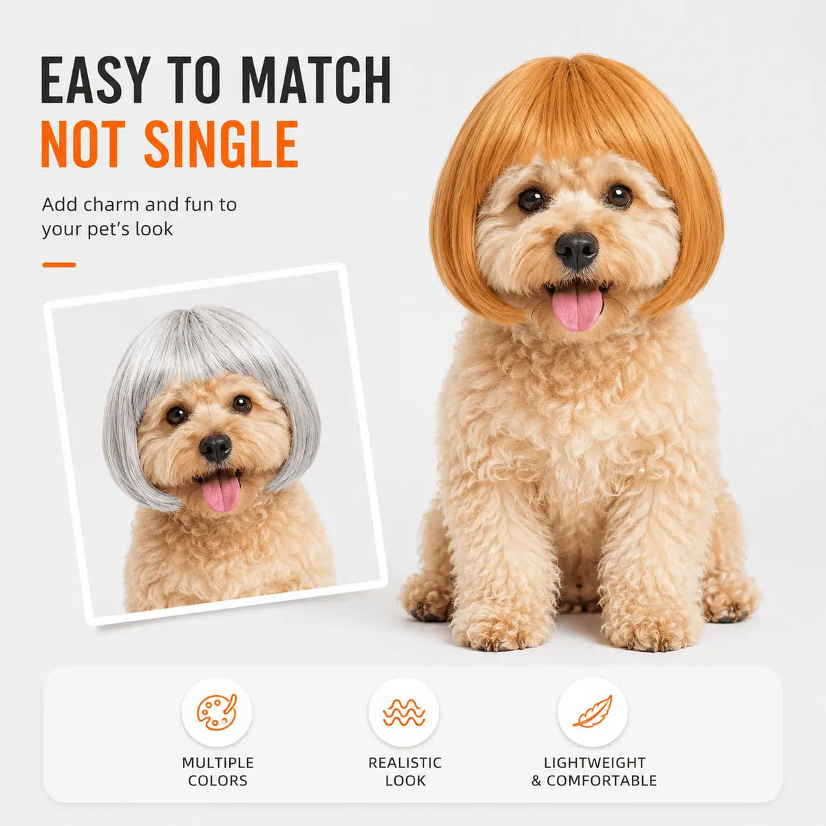 Small fluffy dog wearing the golden Noblias funny pet wig with the silver version shown inset, next to badges for multiple colors, realistic look and lightweight comfort.
