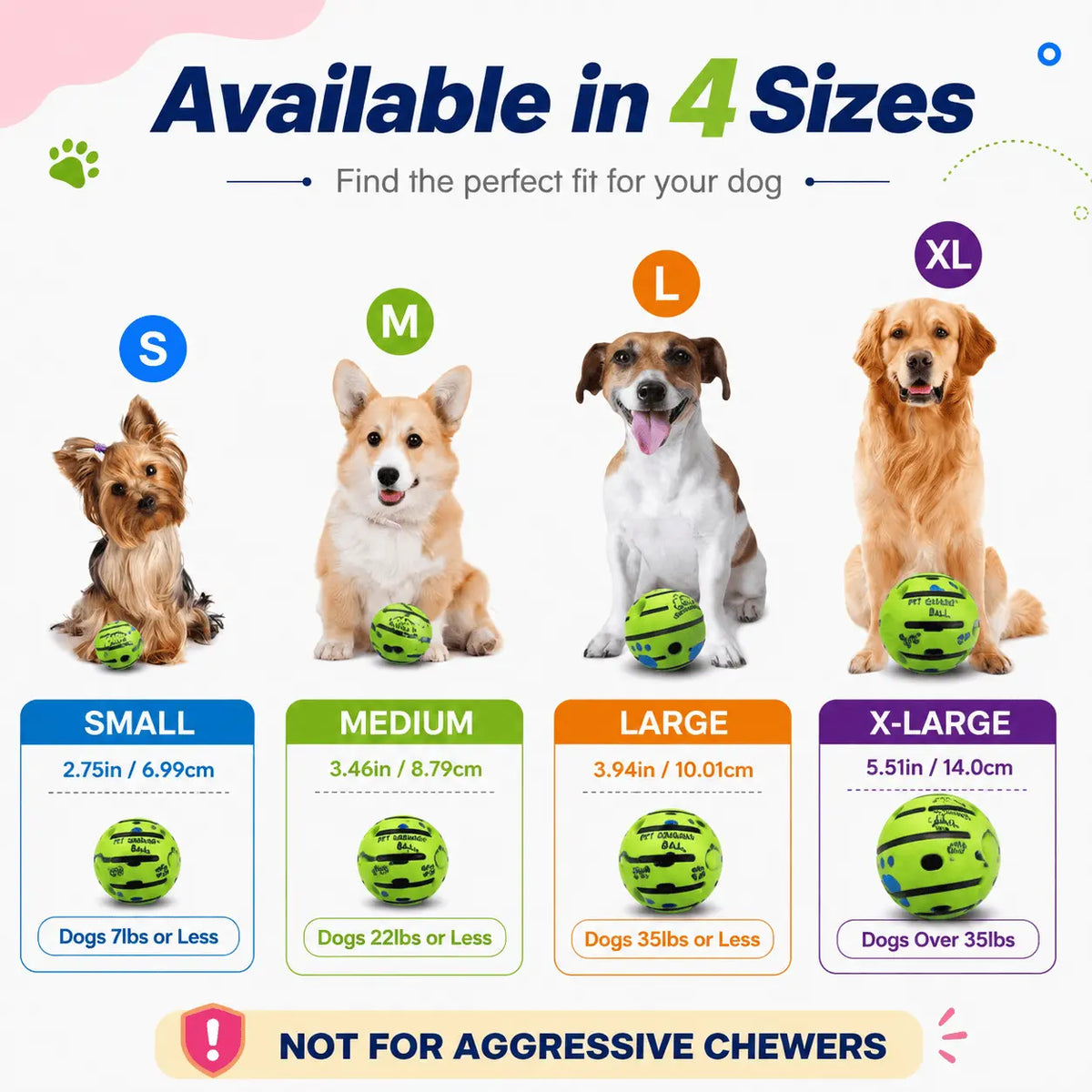 Size chart with four sizes: small 2.75 in for dogs up to 7 lb, medium 3.46 in up to 22 lb, large 3.94 in up to 35 lb and x-large 5.51 in for dogs over 35 lb, marked not for aggressive chewers