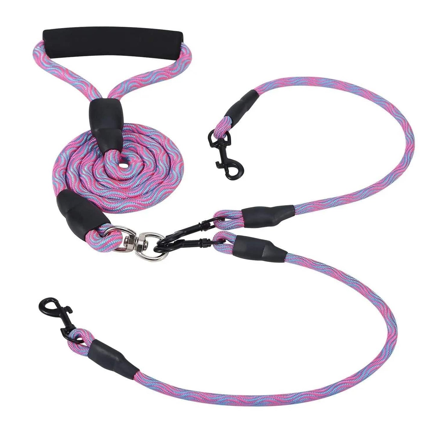 Noblias dual dog leash with no-tangle design, reflective tape, padded handle, green color, ideal for walking two dogs safely.