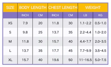 Layered dog dress size chart with body length, chest and weight from XS to XL