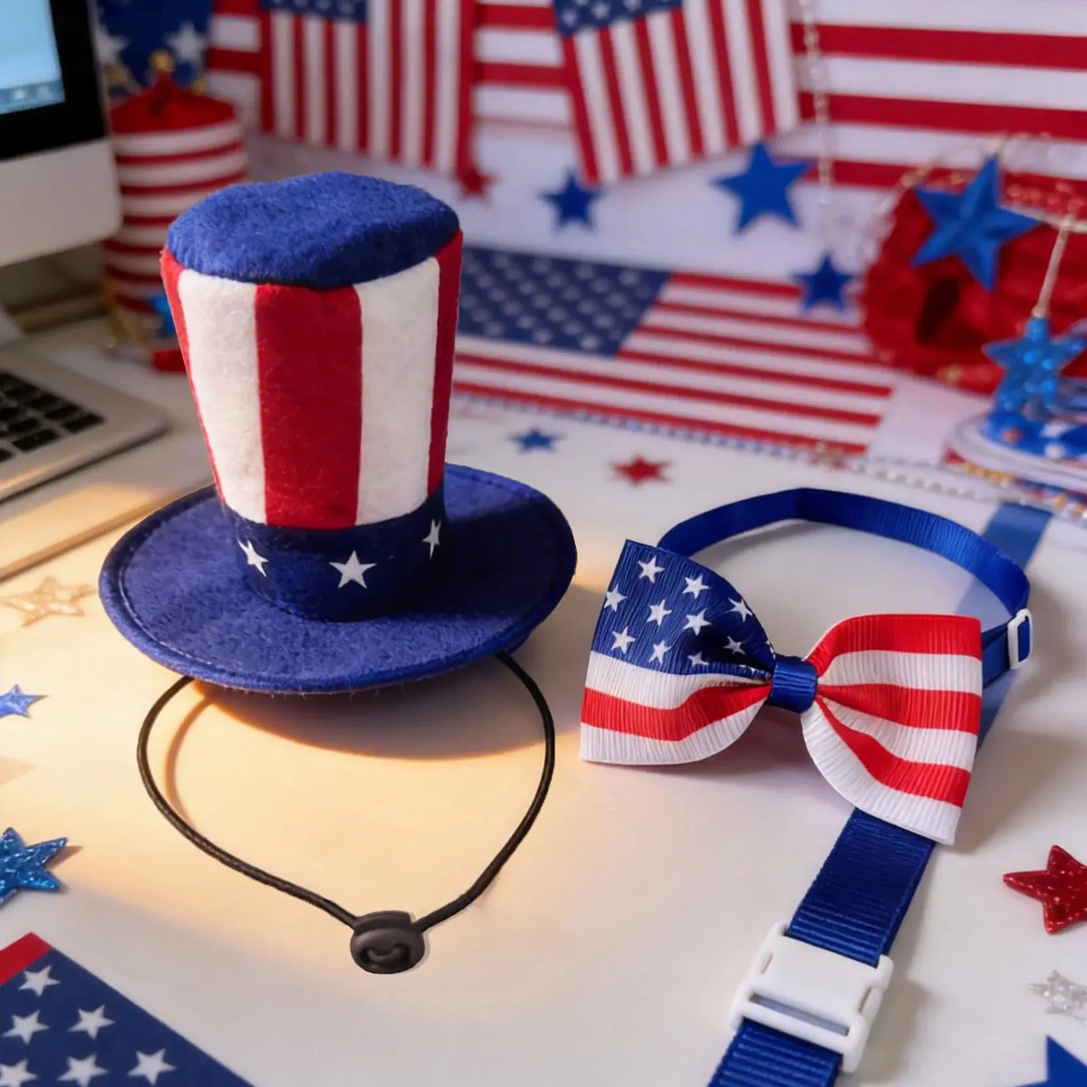 Flat lay of the stars and stripes top hat with its elastic chin cord beside the flag bow tie and its adjustable buckle strap.
