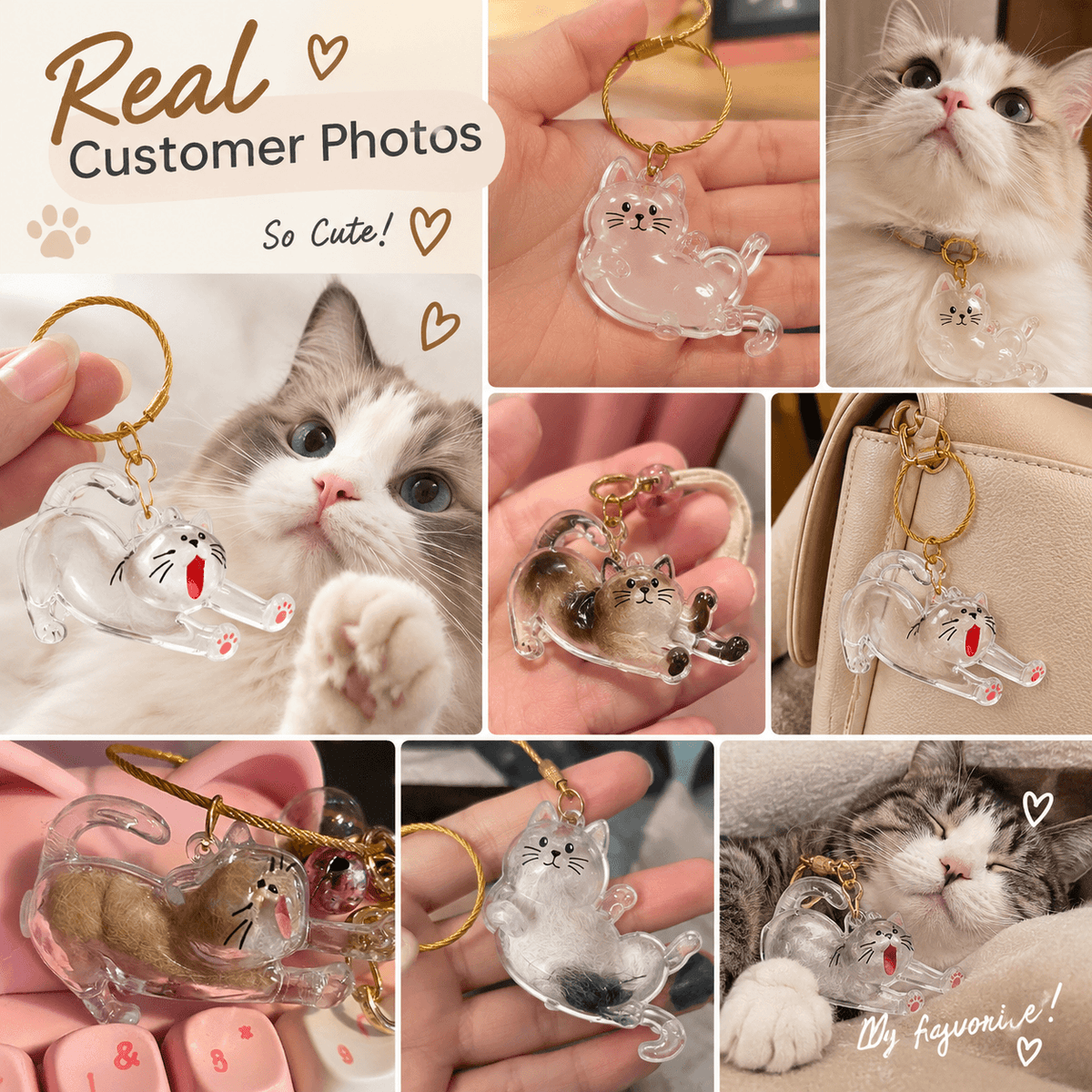 Collage of fur-filled pet fur keepsake keychains held beside cats.