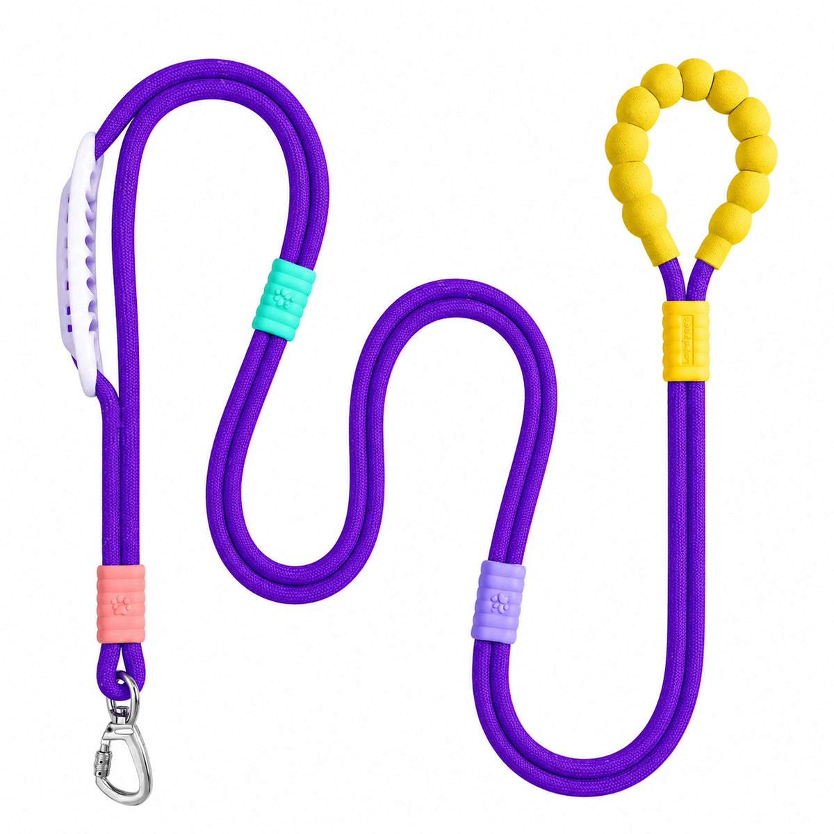 The purple Noblias hands free dog leash laid out, showing the silicone beaded loop handle and the metal swivel clip.