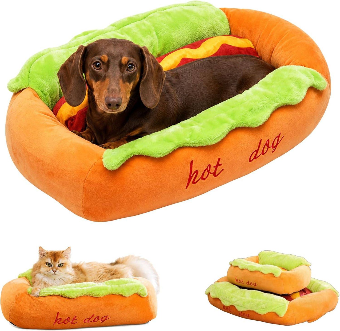 Noblias hot dog-shaped pet bed for cats and small dogs, soft plush, cozy, and warm with a fun, realistic hot dog design.