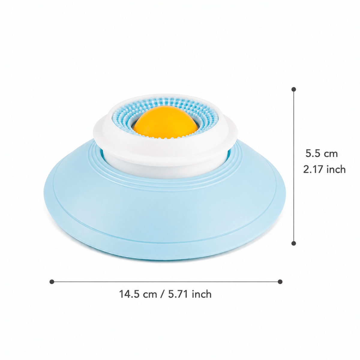 The spinning treat ball dog toy with the yellow ball, measured 14.5 centimeters across and 5.5 centimeters tall.