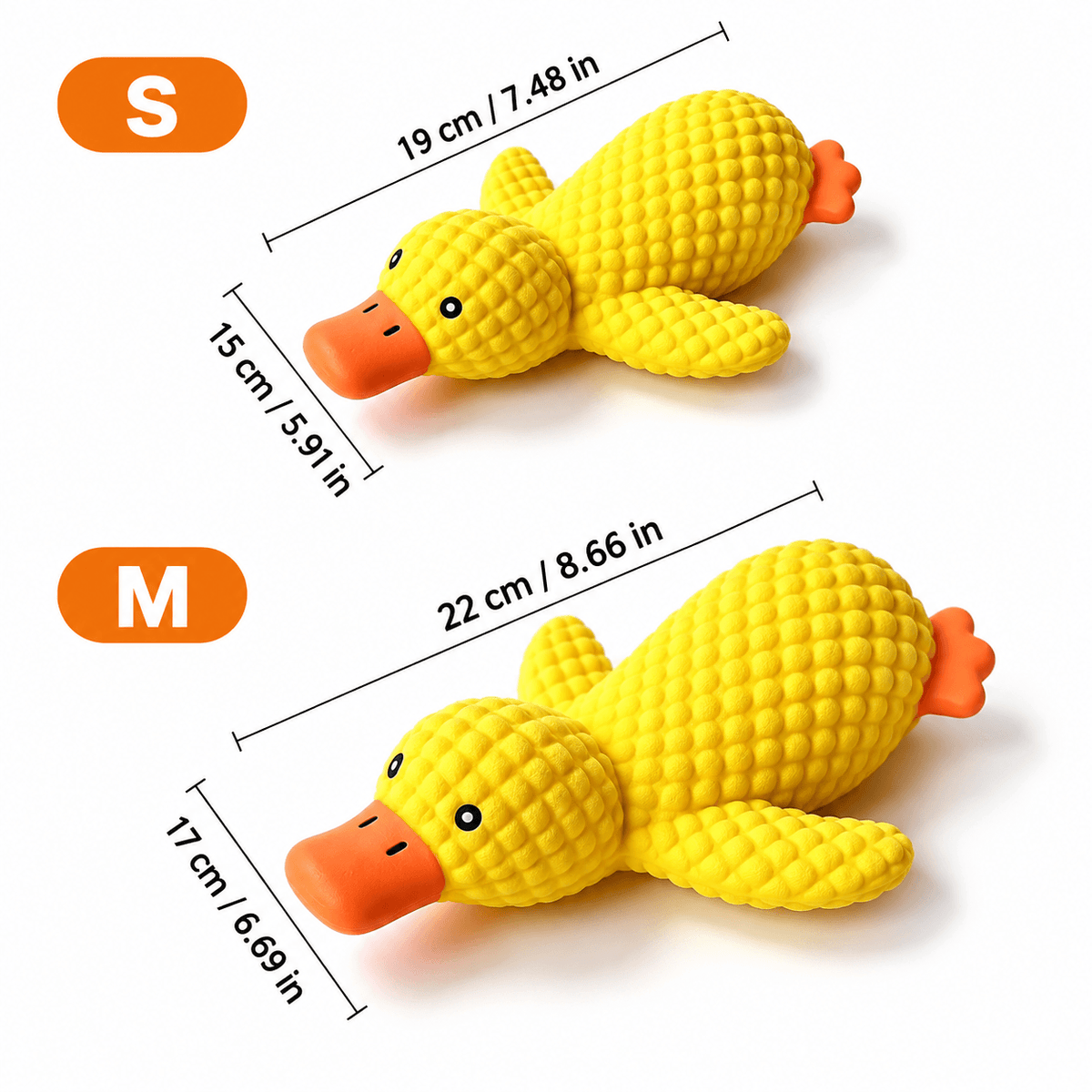 Size chart of the squeaky latex duck dog toy: small 19 x 15 cm and medium 22 x 17 cm.