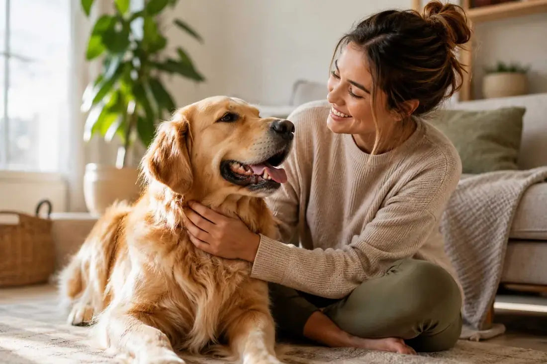 Smiling woman sitting on a living room rug with her golden retriever