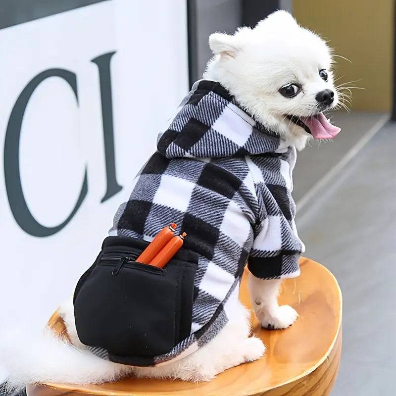 Black plaid dog hoodie with pocket from Noblias, cozy pet sweatshirt suitable for dogs and cats.