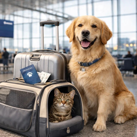 Dog travel and outdoor gear from Noblias, including a car booster seat, carrier backpack, travel water bottle and paw protection boots