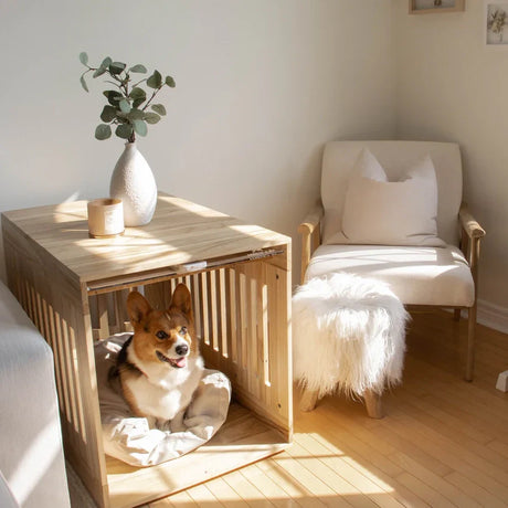 Modern wooden dog crate furniture with a comfortable pet bed in a bright Scandinavian living room, creating a stylish and cozy resting space for dogs.