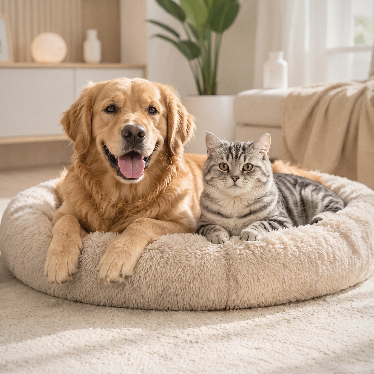 Golden Retriever and a grey tabby cat resting together on a cream plush donut pet bed in a bright living room