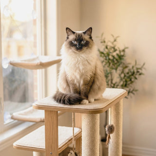 Ragdoll cat sitting on a modern oak cat tree with sisal scratching posts beside a sunny window perch hammock