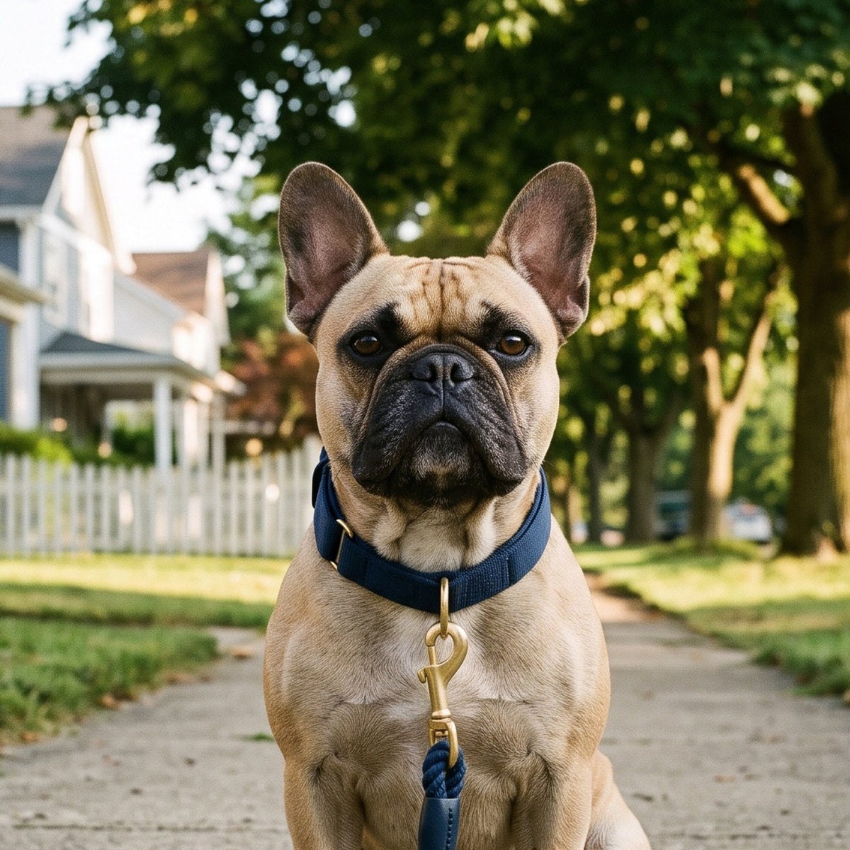 French Bulldog wearing a navy blue dog collar with a leash on a suburban sidewalk