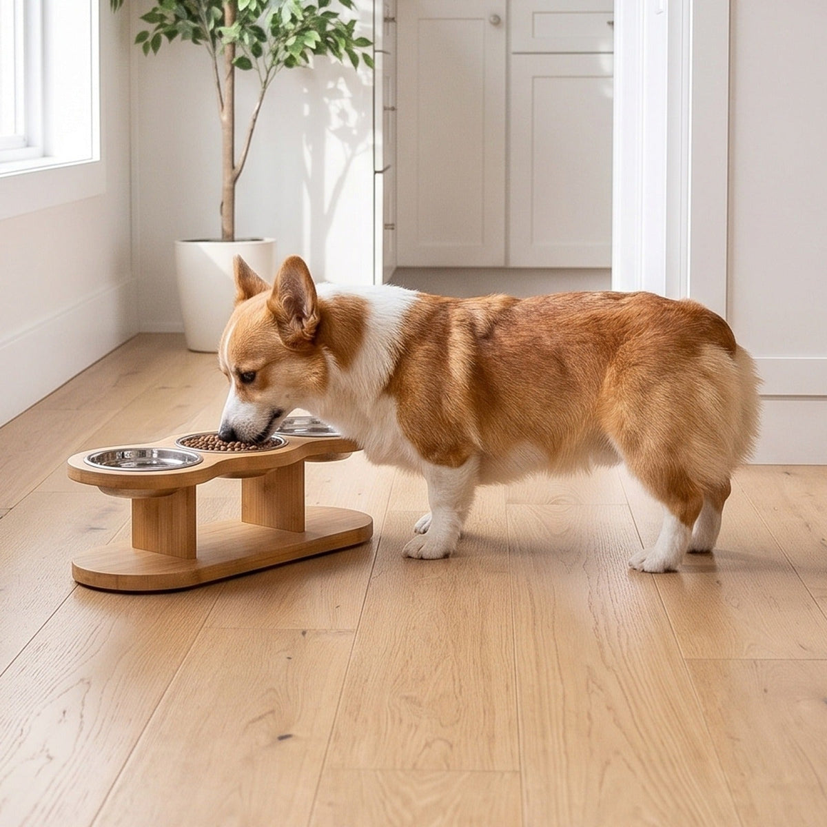 Pembroke Welsh Corgi eating from a natural bamboo elevated pet feeder with stainless steel bowls in a bright kitchen