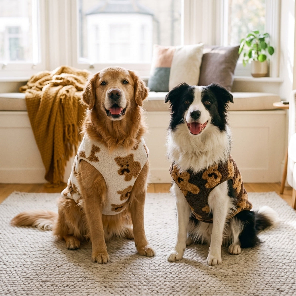 Golden Retriever and black-and-white Border Collie sitting side by side in cream and brown teddy bear fleece dog vests on a wool rug in a bright living room