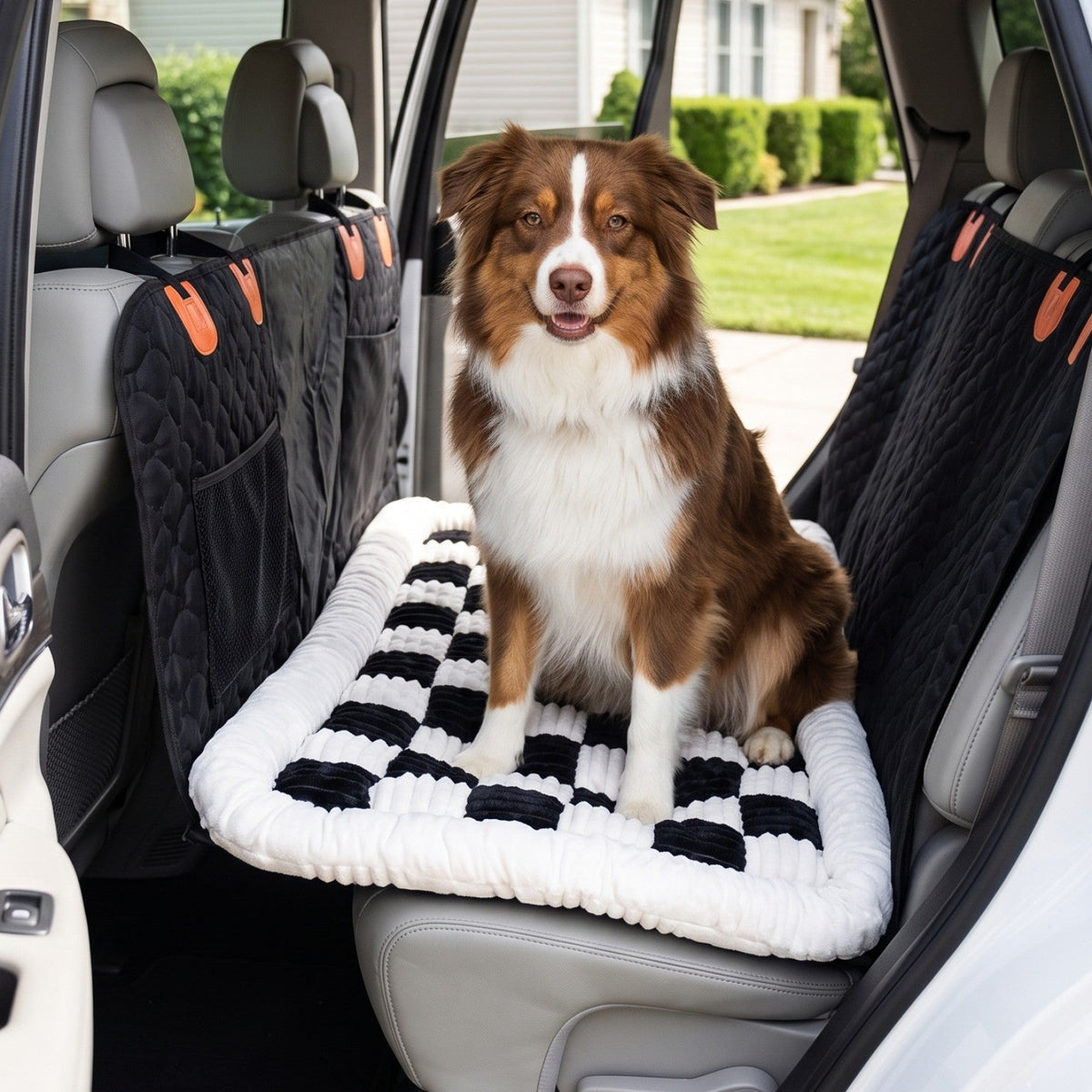 Australian Shepherd sitting on a black and white checkered back seat dog bed mat in a bright white SUV