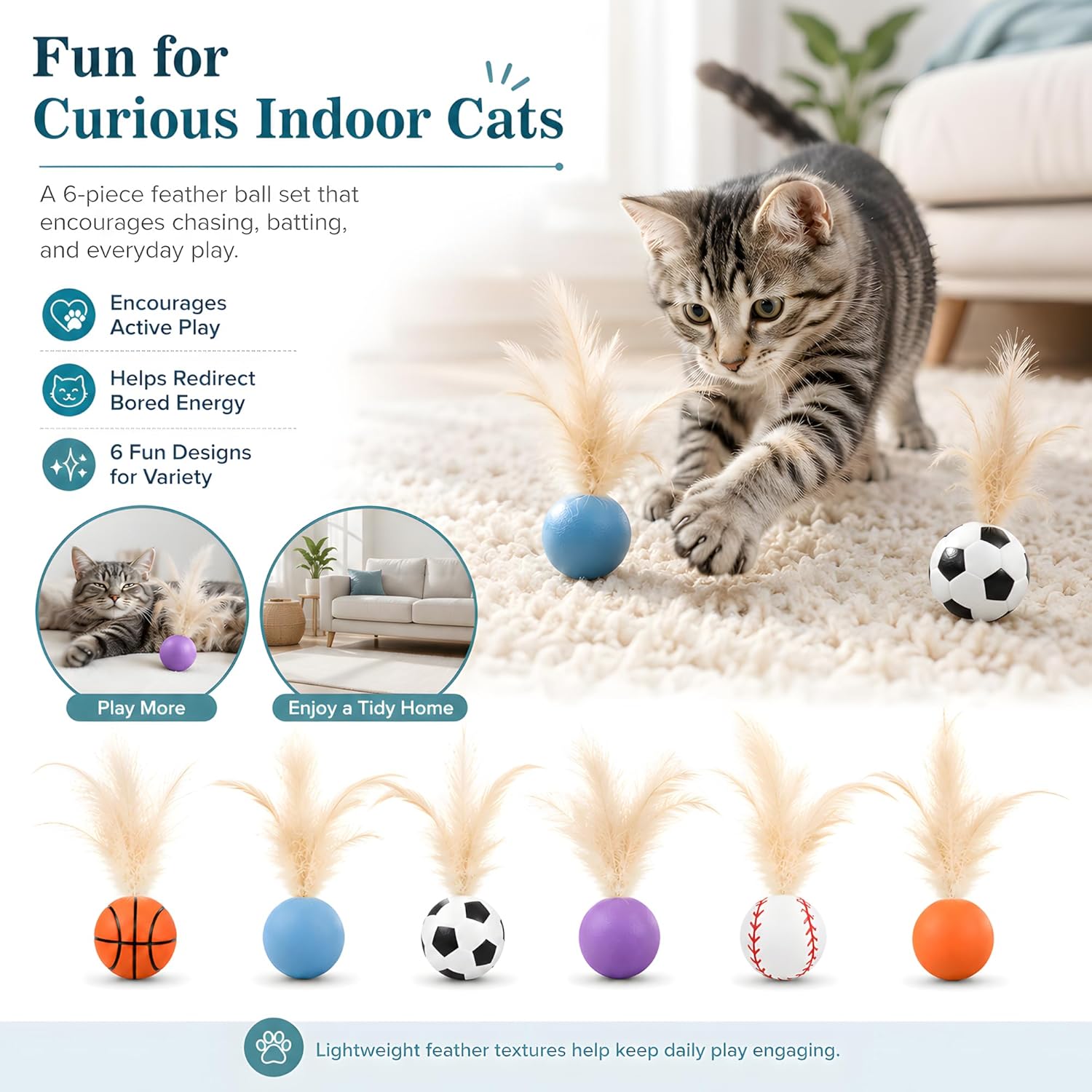 6-Pack Cat Feather Ball Toys for Indoor Cats - view 2
