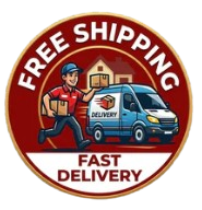 Logo with text 'Free Shipping' and 'Fast Delivery' featuring a delivery person and van.