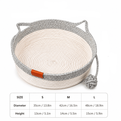 Handwoven Cotton Rope Cat Basket Bed with Scratcher and Hanging Toy