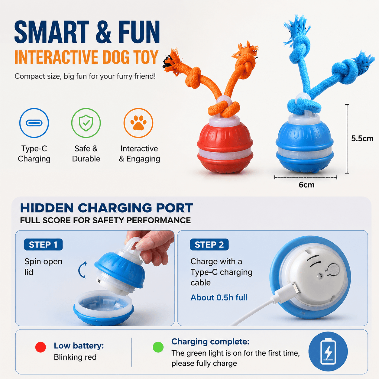 Smart Interactive Dog Ball Toy, Automatic Rolling Rope Toy