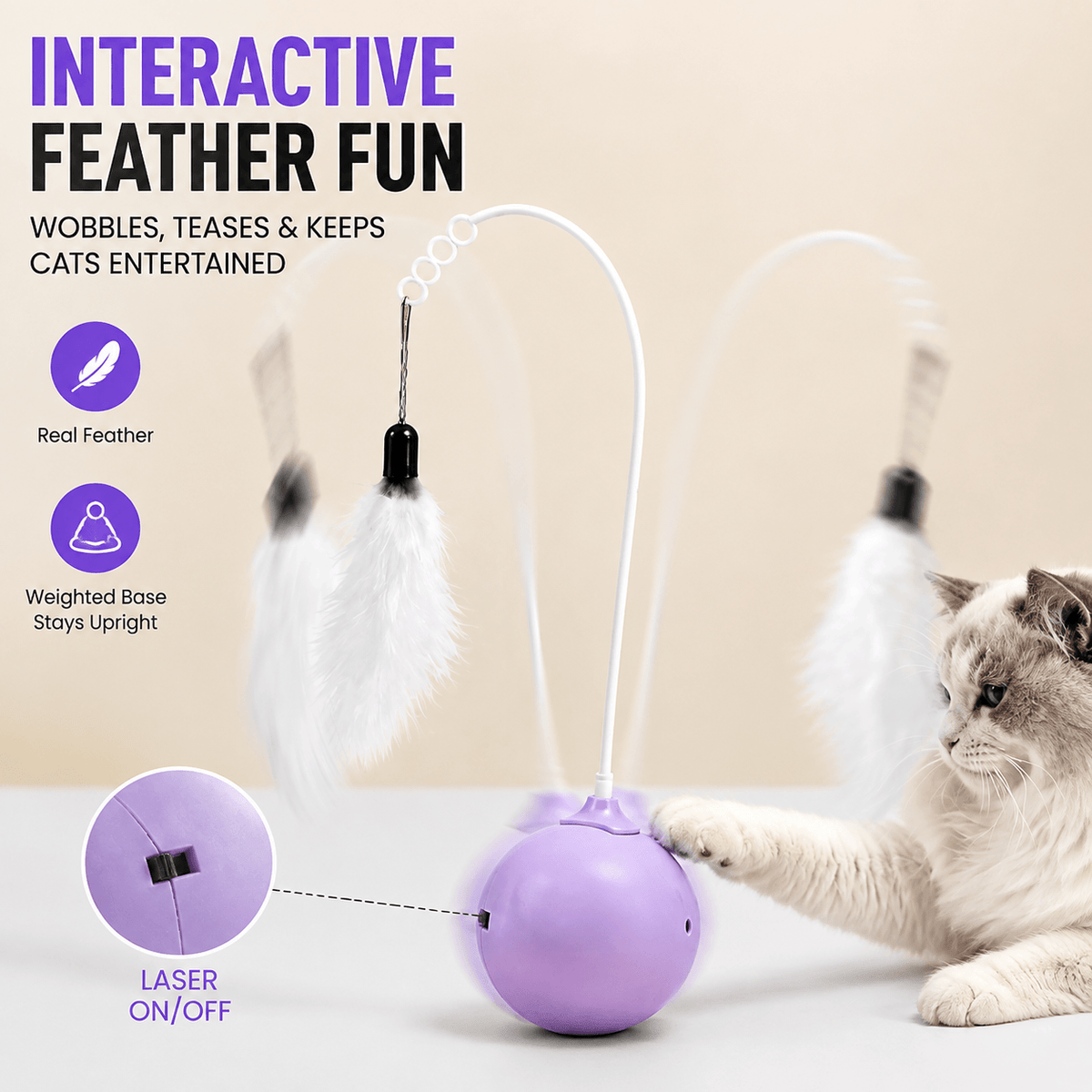Interactive Feather & Laser Cat Toy & Wobble Teaser with Bell