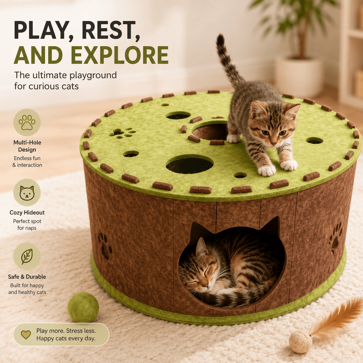 Felt Cat Tunnel & Hideaway & 2-in-1 Interactive Playhouse & Cozy Bed