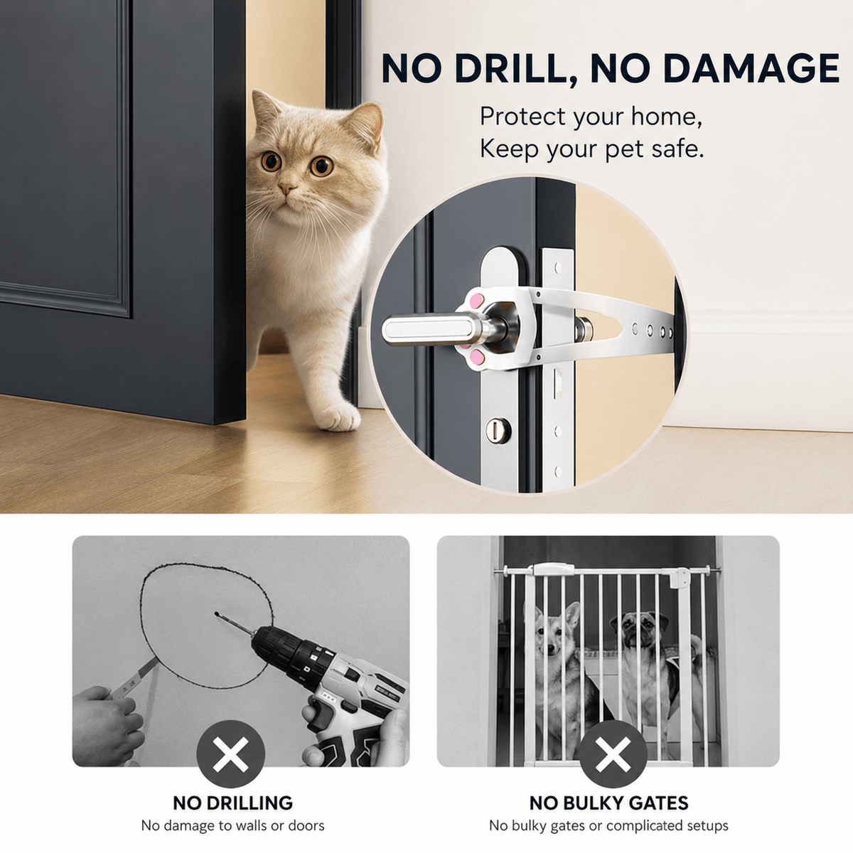 Adjustable Pet Door Holder & No-Drill Door Latch for Cats & Dogs